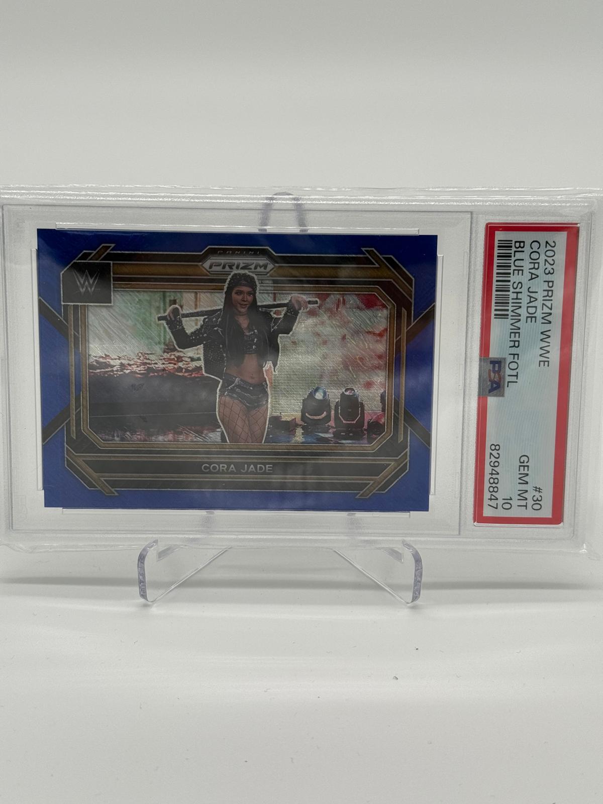 2023 Panini Prizm WWE Cora Jade Blue Shimmer FOTL 04/11 PSA 10