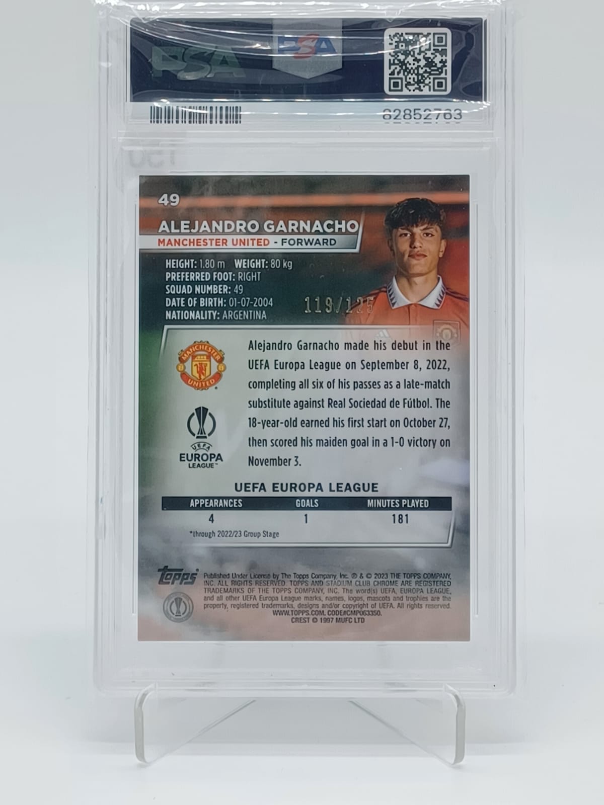 2022-23 Topps UCC Stadium Club Chrome Alejandro Garnacho Green Yellow Electric /125 PSA 10 #49