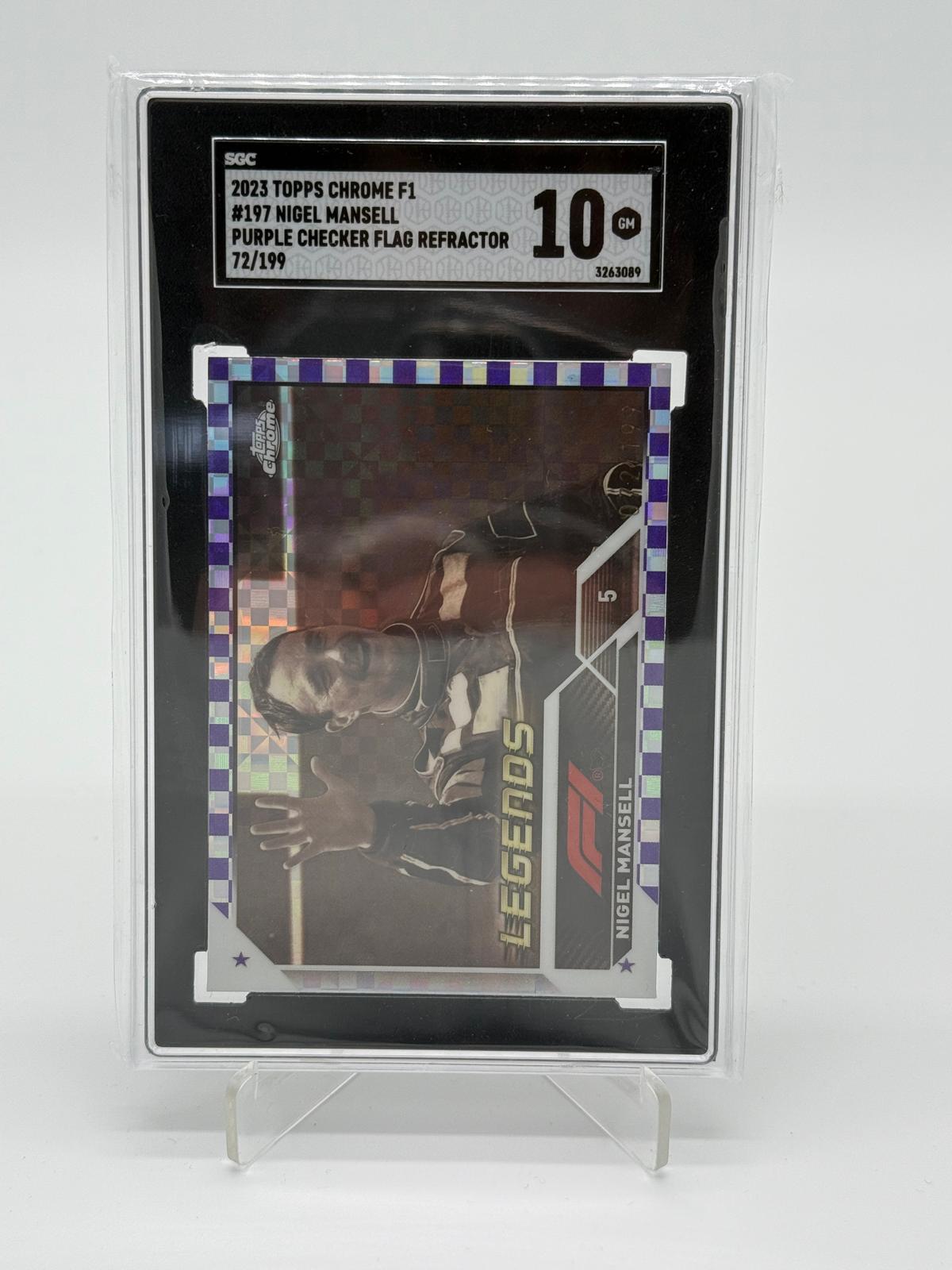 2023 Topps Chrome Formula 1 Nigel Mansell Purple Checker Flag Refractor /199 SGC 10